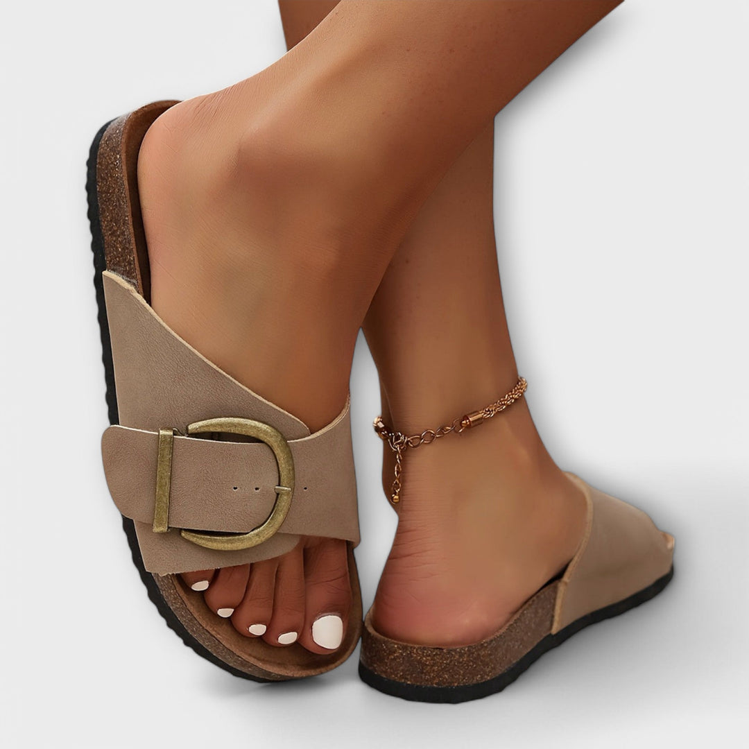 Aurora - Women's Cork Slide Sandals with Buckle Strap Design