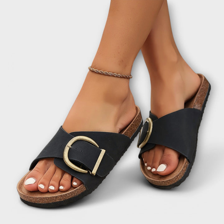 Aurora - Women's Cork Slide Sandals with Buckle Strap Design