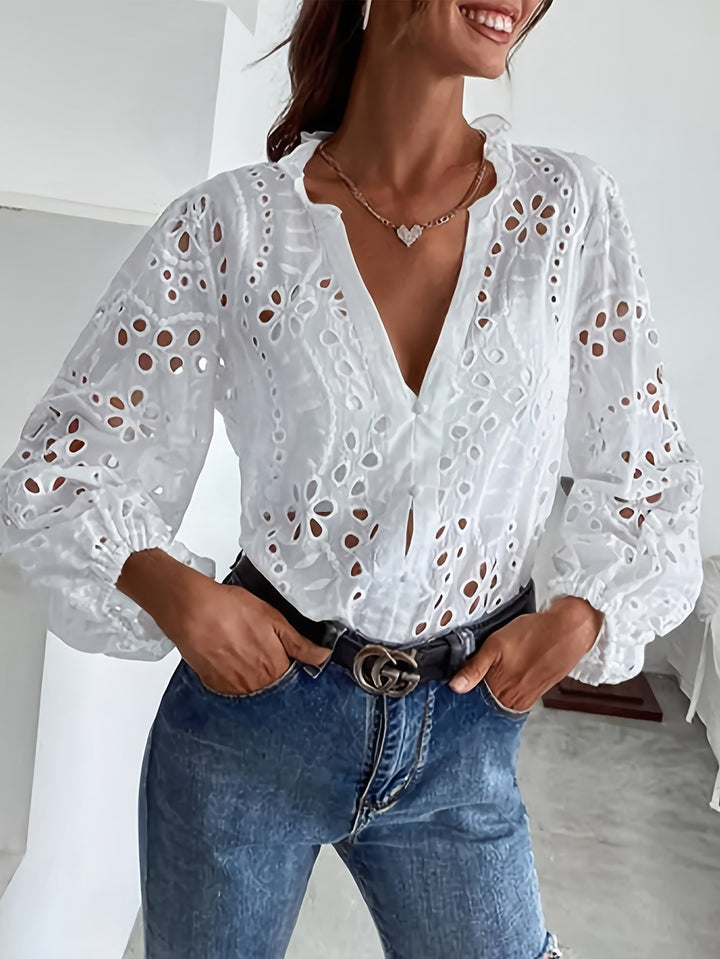 Roselina – Embroidered Long Sleeve Blouse with Eyelet Pattern