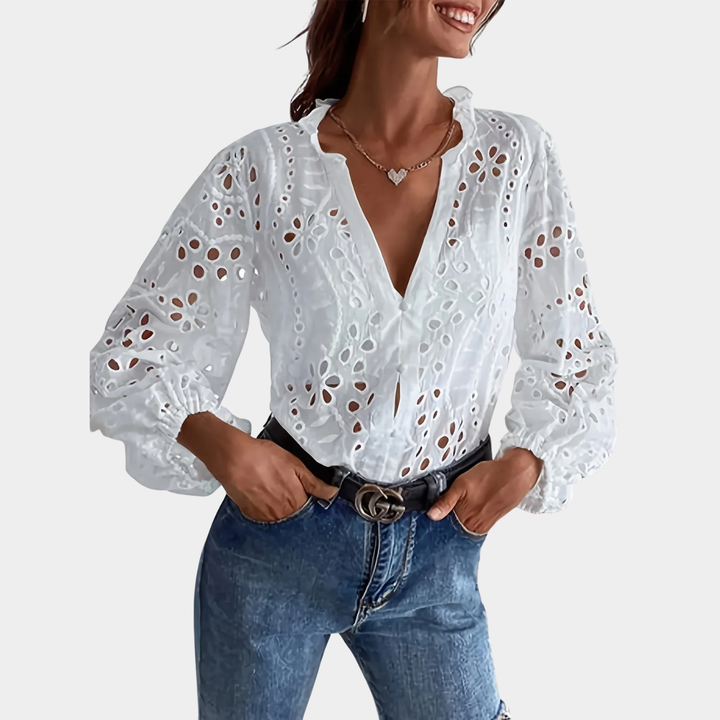Roselina – Embroidered Long Sleeve Blouse with Eyelet Pattern