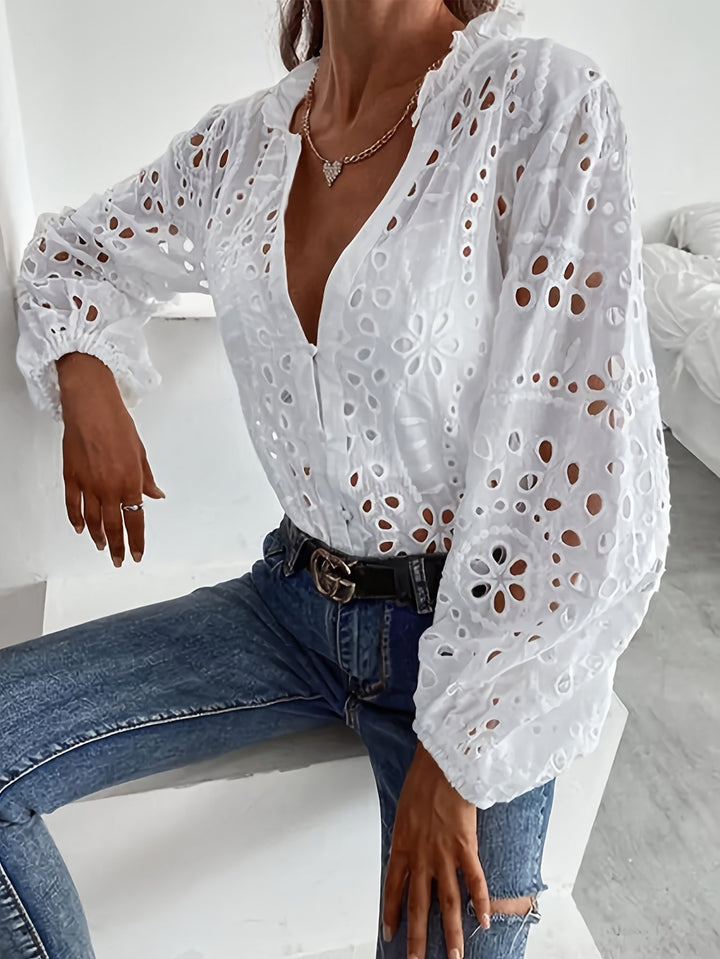 Roselina – Embroidered Long Sleeve Blouse with Eyelet Pattern