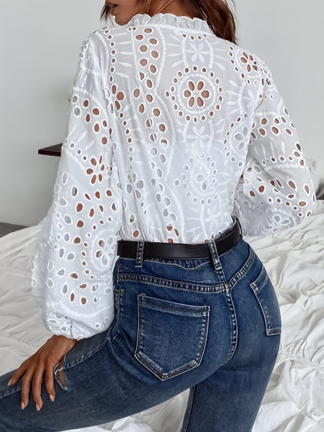 Roselina – Embroidered Long Sleeve Blouse with Eyelet Pattern