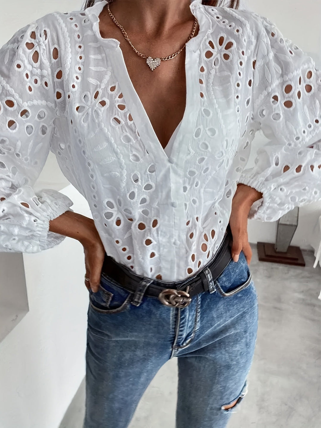 Roselina – Embroidered Long Sleeve Blouse with Eyelet Pattern