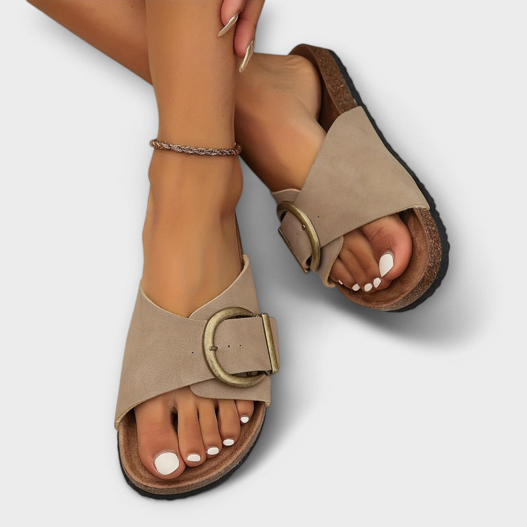 Aurora - Women's Cork Slide Sandals with Buckle Strap Design