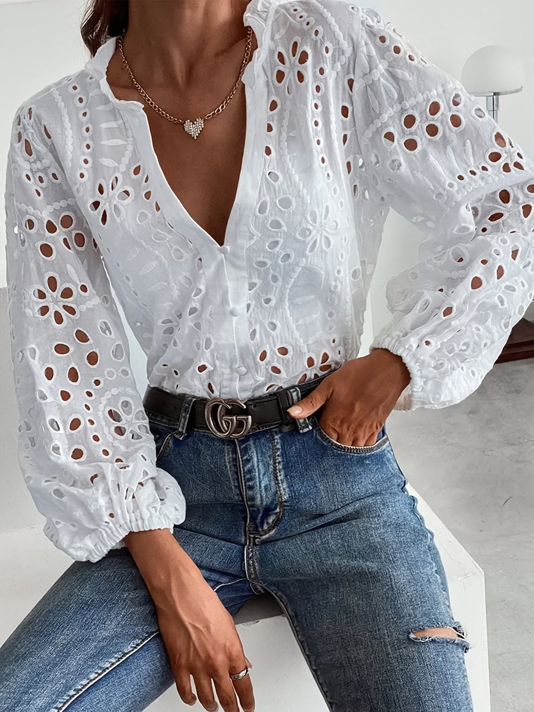 Roselina – Embroidered Long Sleeve Blouse with Eyelet Pattern