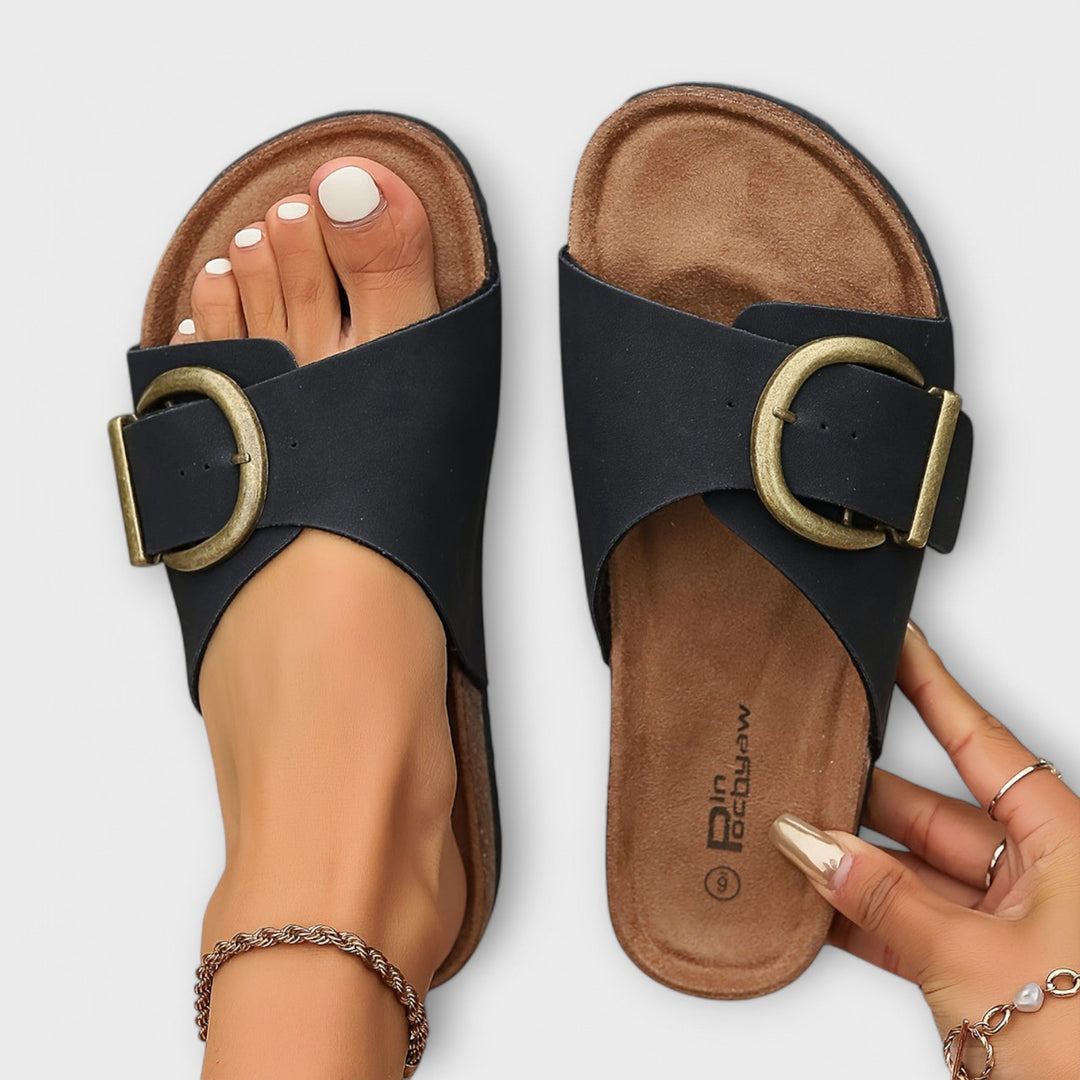Aurora - Women's Cork Slide Sandals with Buckle Strap Design