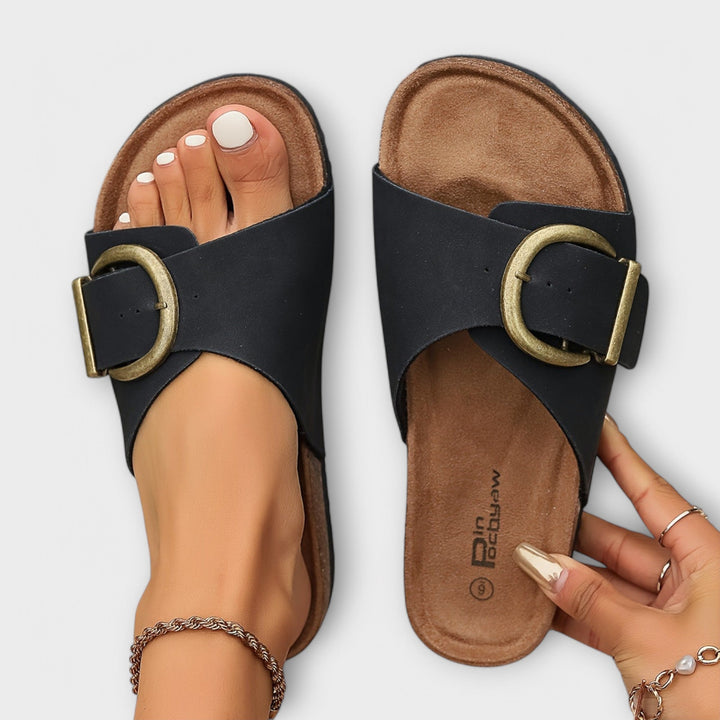Aurora - Women's Cork Slide Sandals with Buckle Strap Design